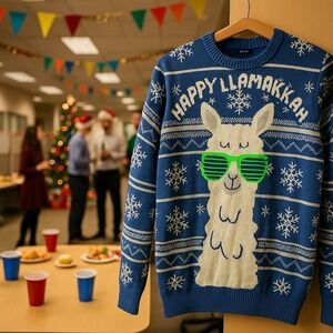 Mad Engine Happy Llamakkah Ugly Christmas Sweater Blue Snowflake Llama XL